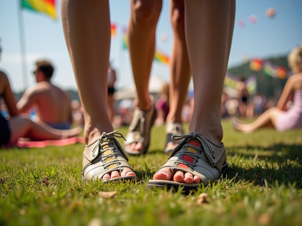 Nogi i stopy osób na festiwalu, tło z tłumem i flagami.