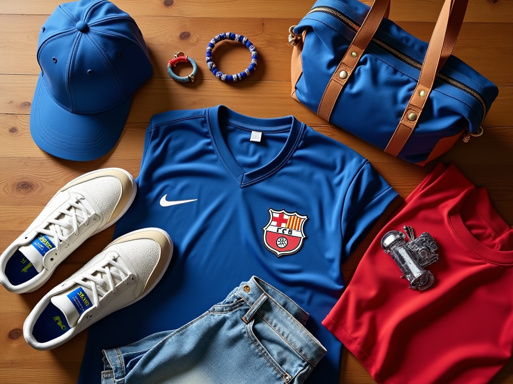 Niebieska koszulka FC Barcelona, czerwona bluza, jeansy, białe buty, torba i czapki.